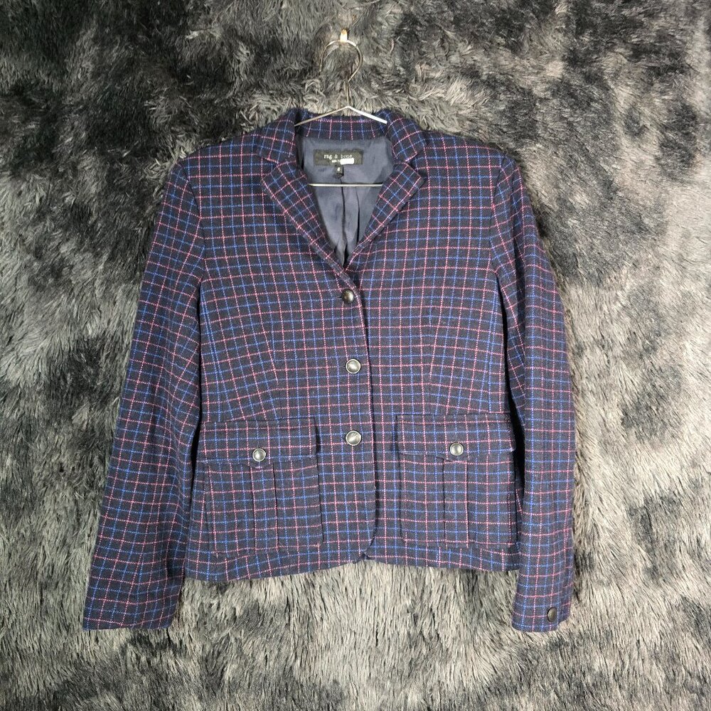 Rag & Bone Nancie Check Blazer Navy Plaid Wool Blend Size 6